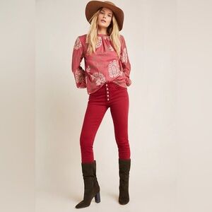 Anthropologie Pilcro Button-Fly Skinny Jeans Red 27‎ Holiday Christmas Festive